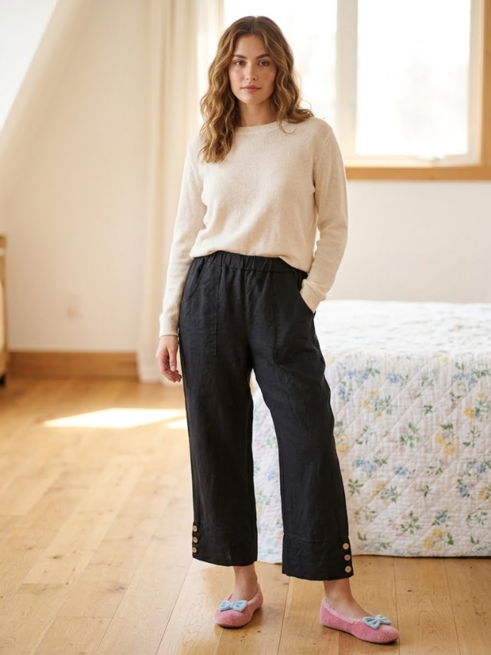 EUC AMO Essentials Collection Women’s Cropped Linen Harem Pants in Black Size 2